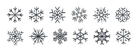Snowflakes icons. Set of hand-drawn snowflakes. Snowflakes of different styles and shapes. Vector illustrationのイラスト素材