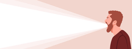 Screaming Man. A ray of light from the head. Conceptual background or banner for advertising. Vector illustrationのイラスト素材