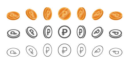 Coins roubles. Rotation of icons at different angles for animation. Coins in isometric. Vector illustrationのイラスト素材