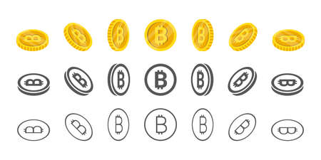 Bitcoin coins. Rotation of icons at different angles for animation. Coins in isometric. Vector illustrationのイラスト素材