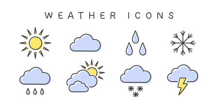Weather Icons. Clouds and sun icons. Meteorology icons elements. Weather web icons in modern style. Vector illustrationのイラスト素材