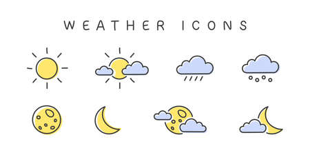 Weather Icons. Moon sun signs with clouds. Meteorology icons elements. Weather web icons in modern style. Vector illustrationのイラスト素材