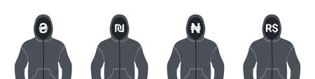 Icons of money. Icons of money in the hoodie hood. Icons of hryvnia, Israeli shekel, Nigerian naira and Brazilian real. Vector illustrationのイラスト素材