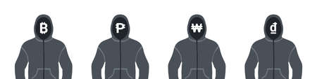 Icons of money. Icons of money in the hoodie hood. Icons of bitcoin, Philippine peso, Korean won and Vietnamese dong. Vector illustrationのイラスト素材