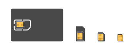 SIM cards. SIM card icons for mobile. Types of SIM cards, mini, micro, nano. Vector illustrationのイラスト素材