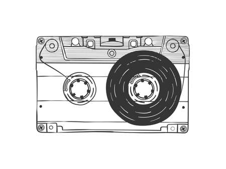 Audio cassette. Compact Cassette. Hand drawn audio cassette. Illustration in sketch style. Vector imageのイラスト素材