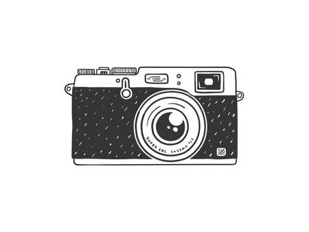 Analog camera. Retro hand-drawn camera. Illustration in sketch style. Vector imageのイラスト素材