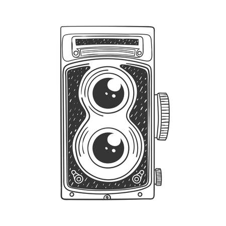Retro SLR camera. Retro hand-drawn camera. Illustration in sketch style. Vector imageのイラスト素材