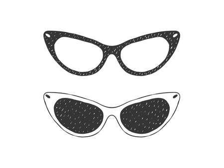 Women's sunglasses. Retro textured Sunglasses. Hand drawn sunglasses. Sketch style. Vector illustrationのイラスト素材