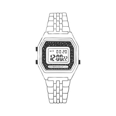 Digital hand watch. Wrist watch outline doodle icon. Illustration in sketch style. Vector imageのイラスト素材