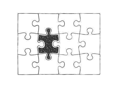 Assembled puzzle. Puzzle pieces. A puzzle different from all. Hand drawn icons. Vector illustrationのイラスト素材