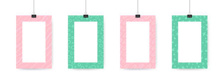 Hanging paper poster mockups. Sheets with strings. Realistic hanging blank paper. Vector illustrationのイラスト素材