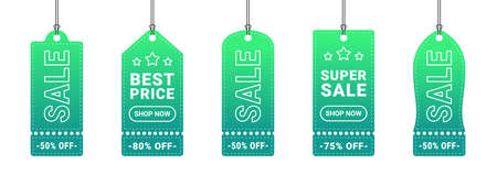 Price tag set. Paper labels with cord. Template green labels. Vector illustrationのイラスト素材