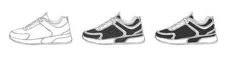 Set of sneakers. Men's or women's sneakers. Modern sneakers. Hand-drawn sneakers. Vector imageのイラスト素材