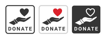 Donation icons. Heart badges on the hand. Charity icons. Donations related signs. vector illustrationのイラスト素材