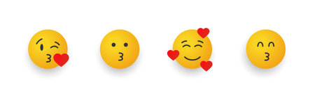 Icon Smile Emoji. Cartoon emoji with hearts. Smiley emoji different reactions. vector illustrationのイラスト素材