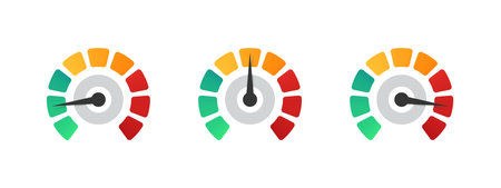 Speedometer, tachometer, indicator icons. performance measurements. risk meter. Level meter. vector illustrationのイラスト素材
