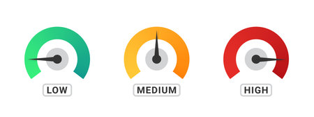 Speedometer, tachometer, indicator icons. performance measurements. risk meter. vector illustrationのイラスト素材