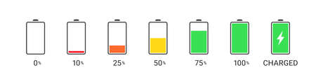 battery icon. Battery charging icons. Battery charge levels with percentages. vector illustrationのイラスト素材