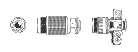camera and lens. Camera and Lens Sketch. hand-drawn image. vector illustrationのイラスト素材