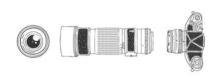 Camera and lens top view. Camera and Lens Sketch. hand-drawn image. vector illustrationのイラスト素材