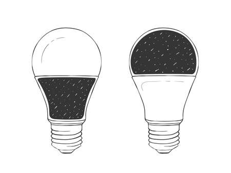 LED bulbs. Light bulbs hand drawn icons. two light bulb sketch. vector illustrationのイラスト素材