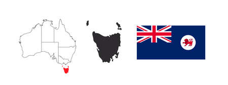 Tasmania map. Flag of Tasmania. States and territories of Australia. vector illustrationのイラスト素材