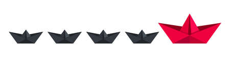 paper boat. Red paper boat leads black paper ships. vector illustrationのイラスト素材
