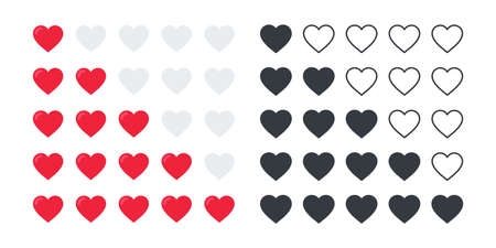 Rating heart icons. Product rating or customer review with red hearts and half hearts. vector iconsのイラスト素材