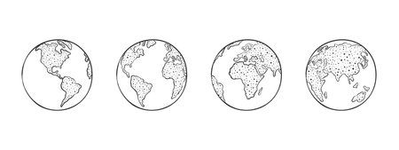 Set of globes of Earth. World map in globe shape Hand-drawn. vector iconsのイラスト素材
