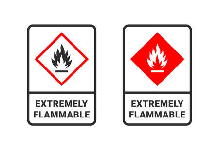 Flammable signs. Sign danger flammable liquids or materials. Flammable substances icons. vector iconsのイラスト素材