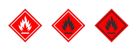 Flammable materials warning sign. Sign danger flammable liquids or materials. Flammable substances icons set. vector iconsのイラスト素材