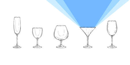 Light from the glass. Glasses drawn by hand with a beam of light. vector illustrationのイラスト素材