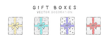 Gift boxes with ribbons. Drawn gift boxes with different textures. Drawings decor elements. vector illustrationのイラスト素材