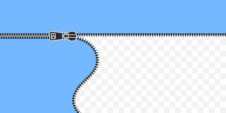 Classic zip fastening. Closed and open zipper. Light blue background with clasp. vector illustrationのイラスト素材