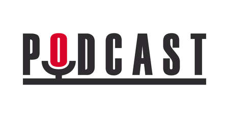 Podcast logo. Podcast or radio logo. Microphone inscribed in text. vector illustrationのイラスト素材