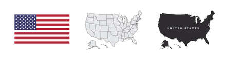 USA labels. USA States Map. Map and Flag of America. vector illustrationのイラスト素材