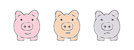 Drawn pigs. piggy banks. Three little pigs with different emotions. vector illustrationのイラスト素材