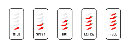 Product spicy degree. Chili spicy meter. Red spicy chili peppers. Spicy and hot. vector illustrationのイラスト素材