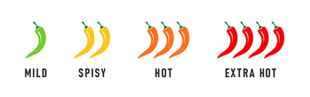 Spicy levels icons. Hot natural chili pepper symbols. Spicy and hot. vector illustrationのイラスト素材
