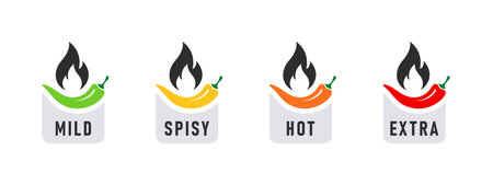Spicy levels. Hot natural chili pepper icons. Spicy and hot. vector illustrationのイラスト素材