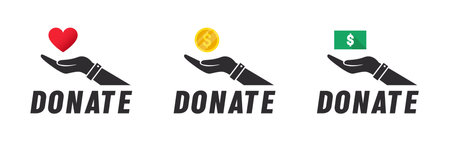 Charity concept. Charity hands with hearts and coin. donation icon. Donate, giving money and love. vector illustrationのイラスト素材