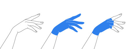 Women's gloves on the hand. Ladies gloves icons. Types of gloves. vector illustrationのイラスト素材
