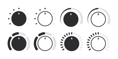 Rotary dials. Volume level handle, rotary dials with round scale and round controller. vector illustrationのイラスト素材