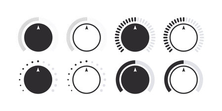 control knob. Volume level handle, rotary dials with round scale and round controller. vector illustrationのイラスト素材