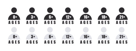 Age requirement icons. Age restriction of users. recommended age limit. Age restriction signs. Vector imagesのイラスト素材