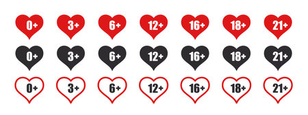 Age limit icons set. Age limit icons in the form of hearts. recommended age limit. Vector imagesのイラスト素材