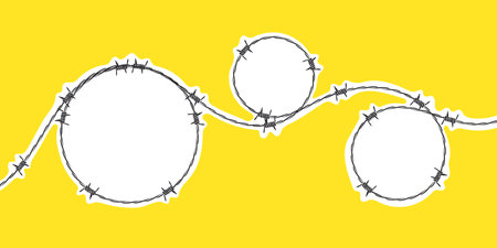 Yellow background with twisted barbed wire. Razor wire. vector scalable graphicsのイラスト素材