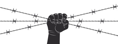 Razor wire and hand. Human hand squeezing barbed wire. vector scalable graphicsのイラスト素材