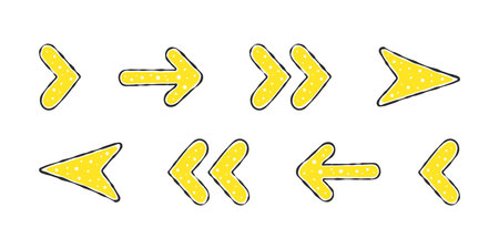 Yellow doodle arrows. Hand-drawn arrows with different textures. vector scalable graphicsのイラスト素材